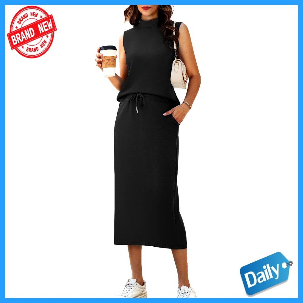 Sleeveless Mock Neck Top Midi Skirt Set Lounge Travel Outfit